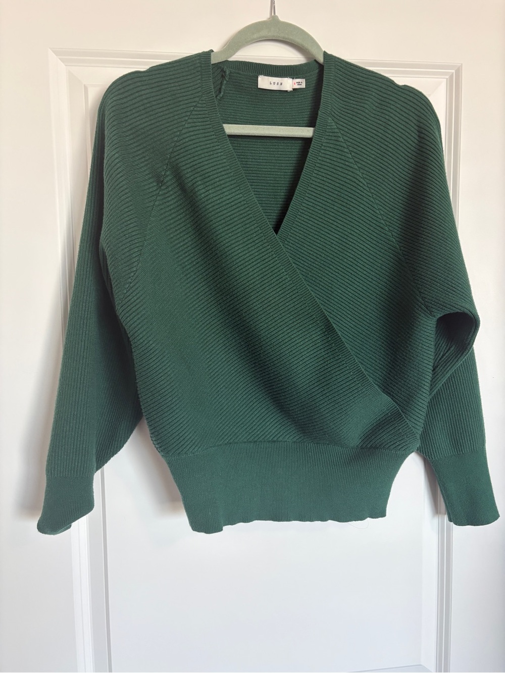 Lush Dark Green Ribbed Wrap V-Neck Sweater